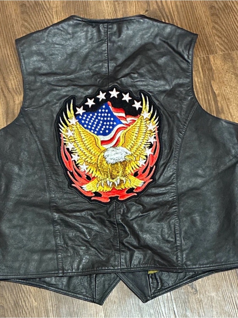 Vintage Wilson’s Leather Black Vest Bikers Sewn Eagle USA Flag Patch